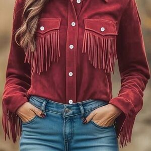 Private Label Burgundy Fringe Button Down Shirt